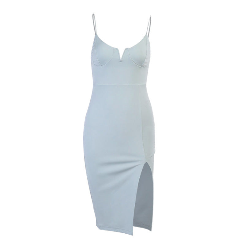 Womens Fashion Sexy Solid Color V-Neck Side Slits Sling Dress Sky Blue