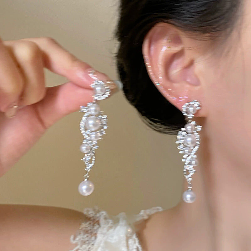 Zircon Pearl Tassel Light Luxury French High Sense Niche Temperament Vacation Style Earrings
