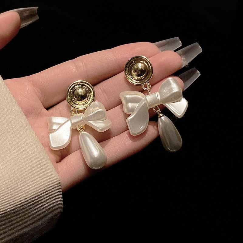 French Style Vintage Bow Water Drop Pearl Stud Earrings